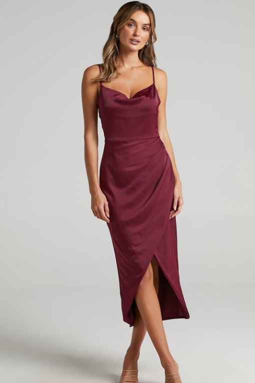 Showpo Burgundy Midi Dress - Cowl Neck - Size 8 - Formal Dress