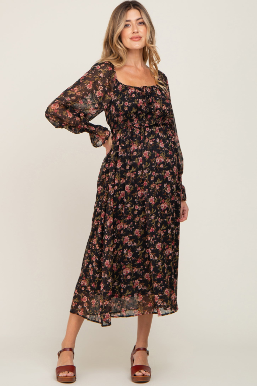 1.STATE Black Floral Midi Dress Size 6 - Women's Dresses