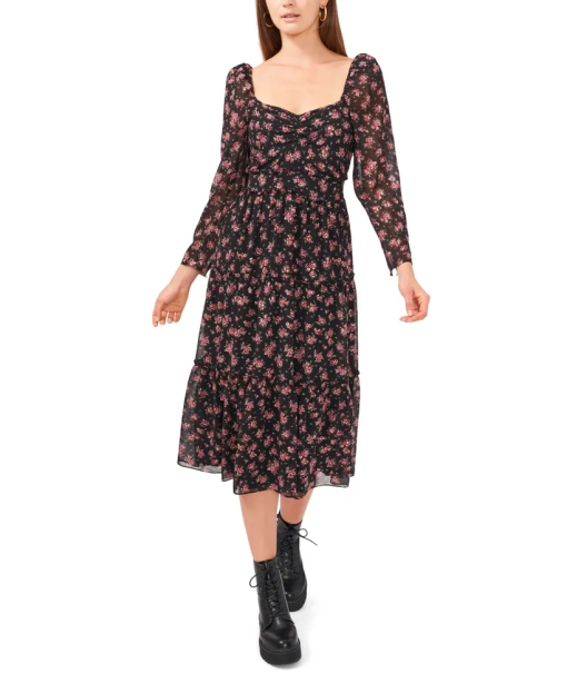 1.STATE Black Floral Midi Dress Size 6 - Women's Cocktail Dress