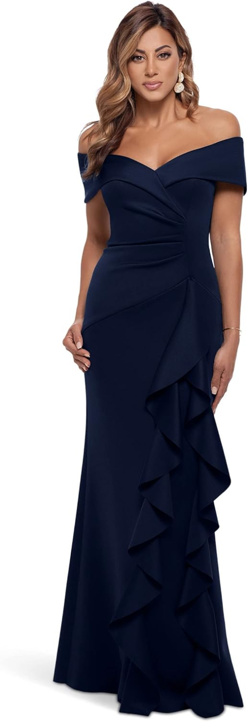 Missacc Navy Off Shoulder Ruffle Evening Gown Size 10 - Formal Dress