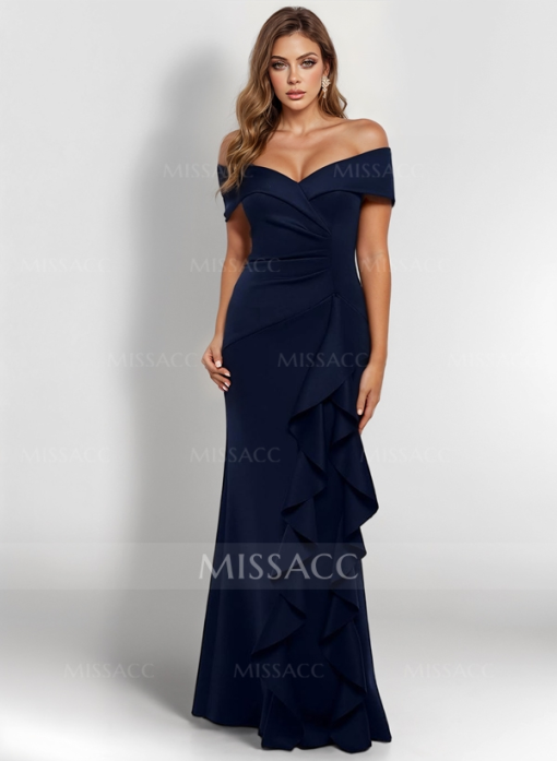 Missacc Navy Off Shoulder Ruffle Gown Size 10 - Evening Dress