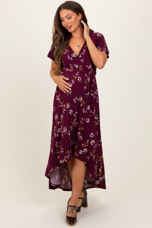 Bcx Juniors Burgundy Floral Maternity Wrap Dress - XS - Maxi Dress