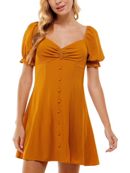 City Studio Mustard Puff Sleeve Mini Dress - Size S - Women's Dresses