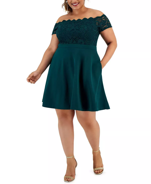 City Studio Plus Green Lace Fit & Flare Dress - Plus Size Party Dress