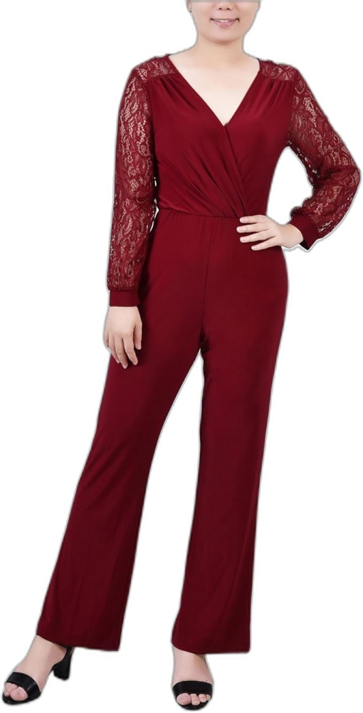 NY Collection Burgundy Lace Jumpsuit Petite Plus Size - Women's Jumpsuits