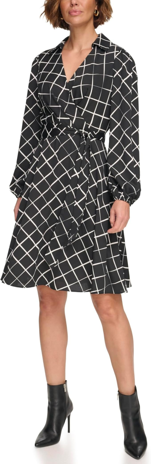 DKNY Black Grid Print Wrap Dress Size 8 - Women's Dresses