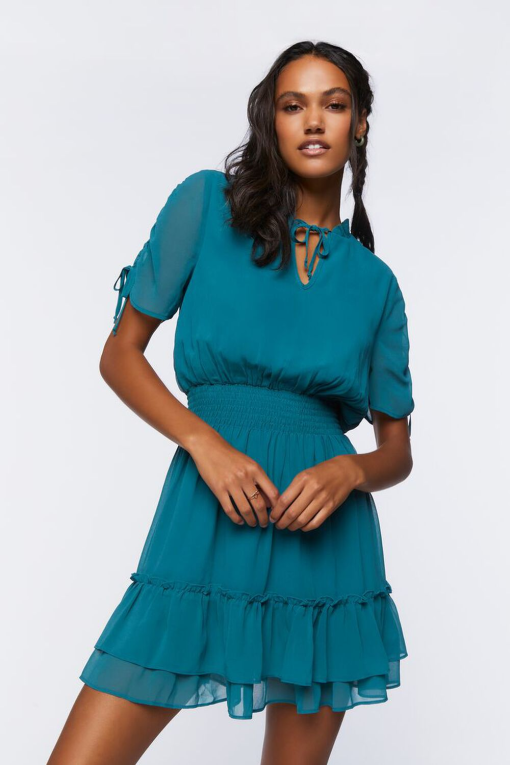 Forever 21 Teal Mini Dress - Smocked Waist - Women's Dresses