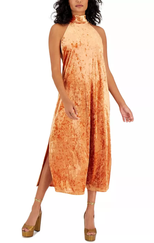 Bar III Orange Velvet Halter Midi Dress - XL - Cocktail Dress