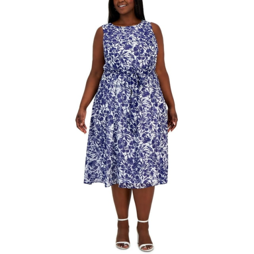 Kasper Plus Blue Floral Midi Dress 1X - Women's Dresses