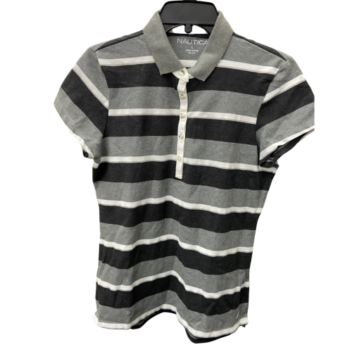 Nautica Striped Polo Shirt Gray White Black L - Women's Top