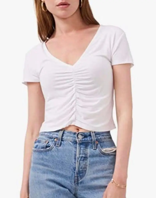 1. STATE White Ruched V-Neck Tee - XS - Women's Tops