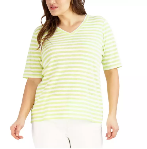 Jones New York Green Striped V-Neck Tee - Women's XS - T-Shirts