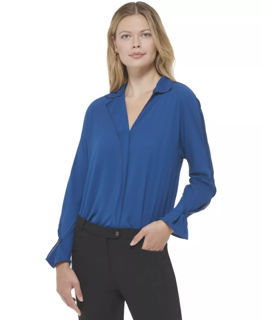 Calvin Klein Blue Blouse, Small, Long Sleeve, Women's Tops