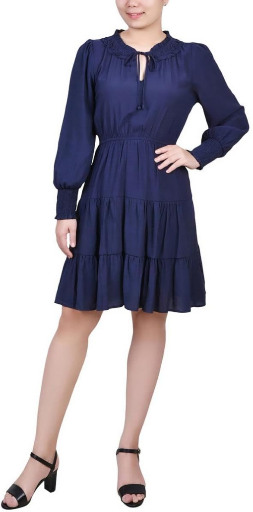 Ny Collection Navy Petite Tiered Dress - Long Sleeve Women's Dress