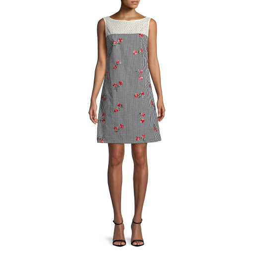 KARL LAGERFELD Black Gingham Floral Shift Dress Size 4 - Women's Dress