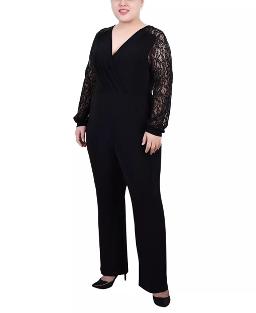 Ny Collection Black Lace Sleeve Jumpsuit Petite Plus Size - Women's Jumpsuit