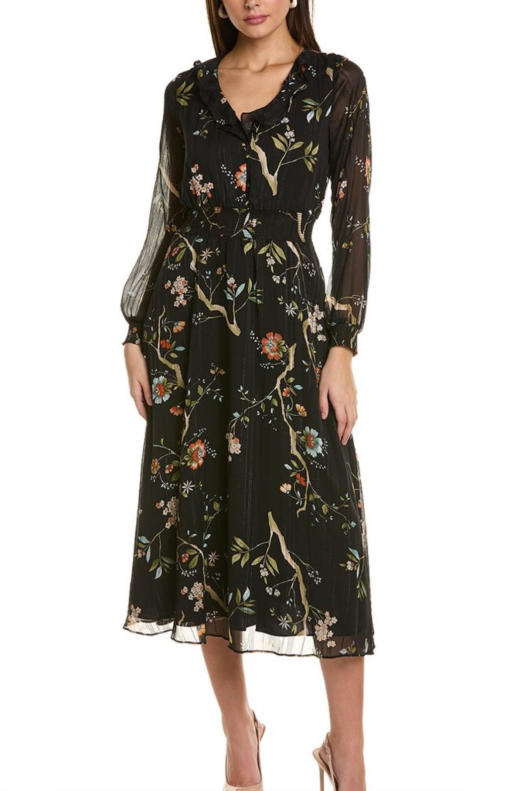 Nanette Lepore Black Floral Midi Dress Size 8 - Women's Dress