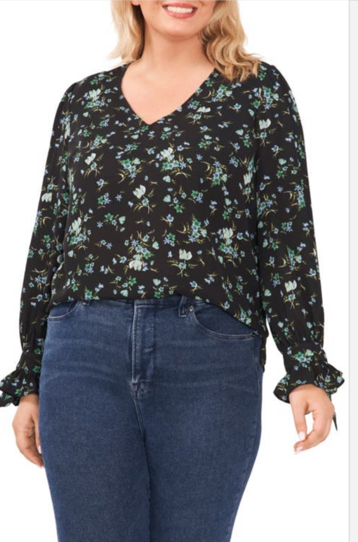 CeCe Floral Blouse Plus Size Black V-Neck Top - 2X - Women's Shirts