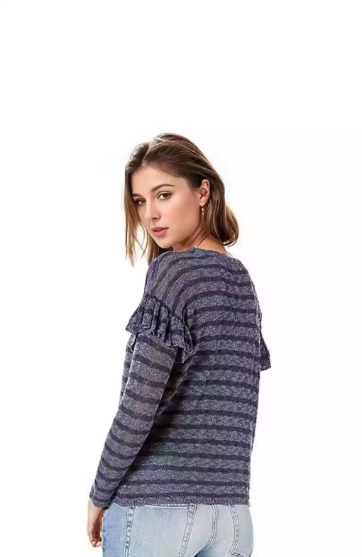 Kensie Indigo Blue Striped Ruffle Sweater - Size L - Women's Top - Image 2