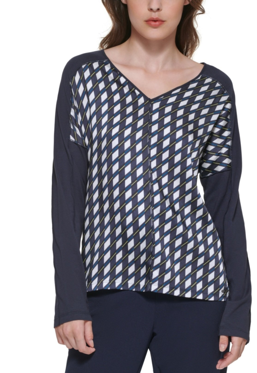 DKNY Navy Geometric Print Top - Size M - Women's Pullover Shirt