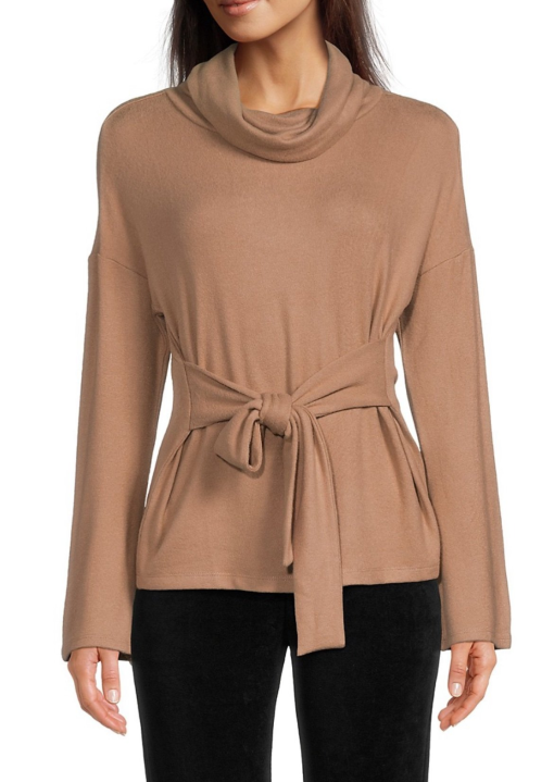 Andrew Marc Camel Tie Waist Cowl Neck Sweater - Small - Women's Tops