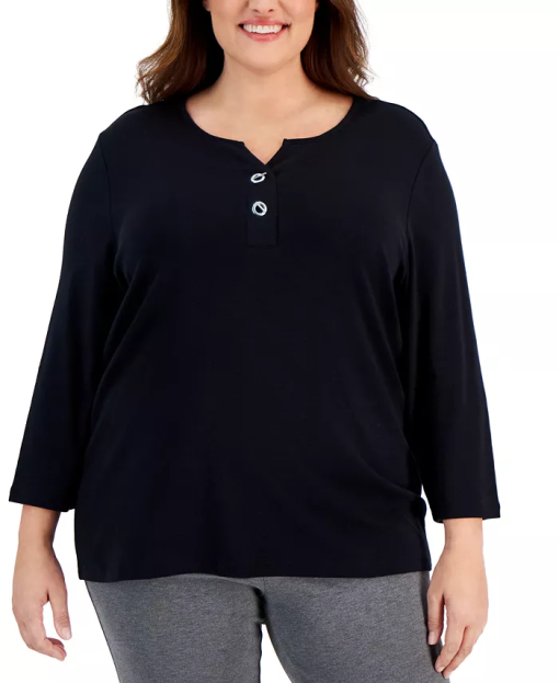 Karen Scott Plus Black Henley Top - Plus Size 2X - Women's Shirts