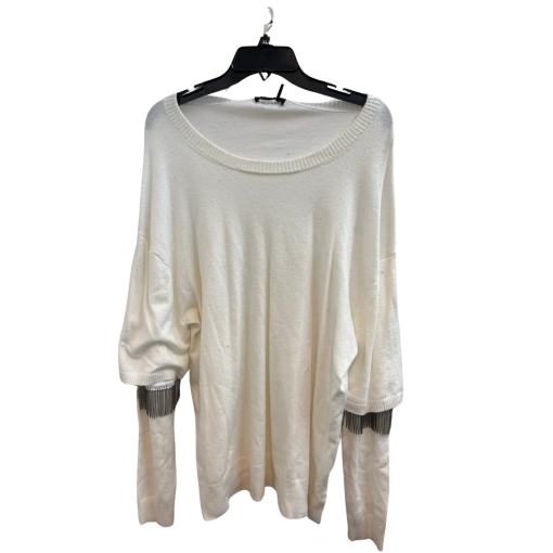 DKNY White Sweater XL Fringe Sleeve Knit Top