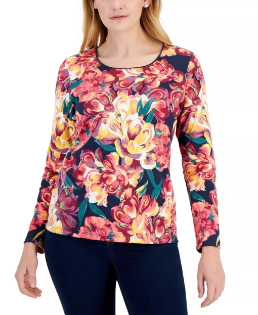 Karen Scott Floral Print Top - Intrepid Blue, M - Women's Shirts