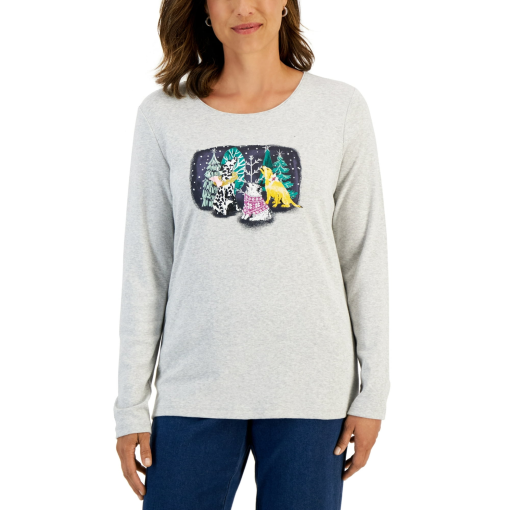 Karen Scott Women's Gray Dog Graphic Long Sleeve Top - XL