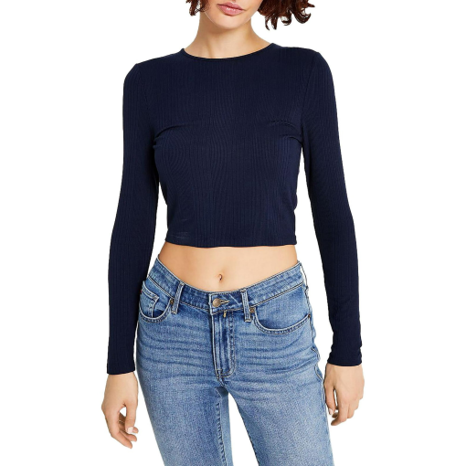 Tommy Jeans Navy Ribbed Crop Top XS - Women's Long Sleeve Shirt