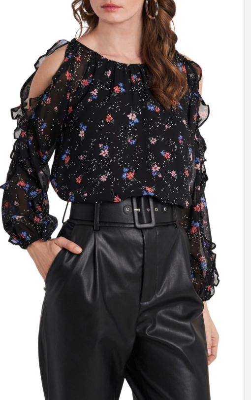 1.state Black Floral Cold Shoulder Blouse - XS - Women's Tops