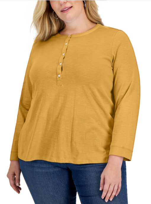 Style & Co Plus Size Henley Top - Honey Glaze 1X - Women's Shirts