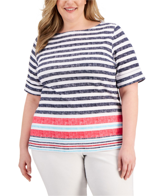 Karen Scott Plus Size Striped Top - Navy/Red 1X - Women's Shirts