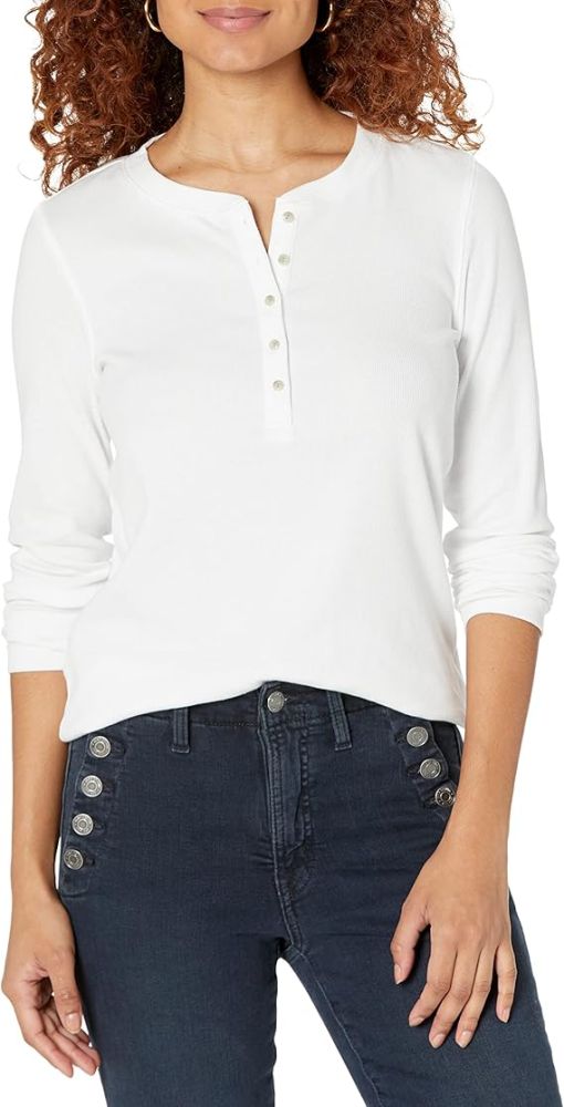 Calvin Klein White Henley Shirt - Long Sleeve Top - Women's Apparel