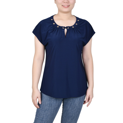 NY Collection Navy Grommet Keyhole Blouse - Petite Tops