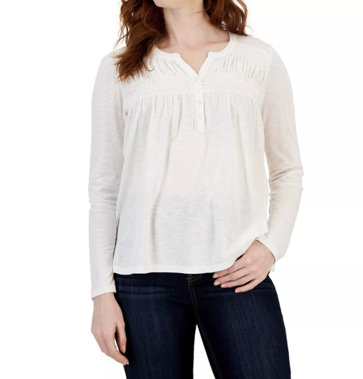 Style & Co White Smocked Long Sleeve Top - Women's Blouse - PM