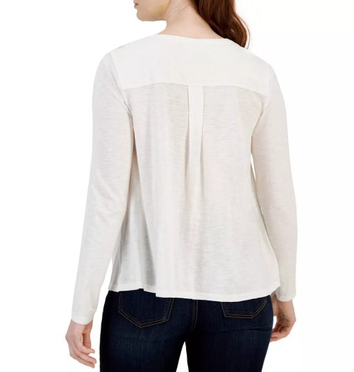 Style & Co White Smocked Long Sleeve Top - Women's Blouse - PM - Image 2