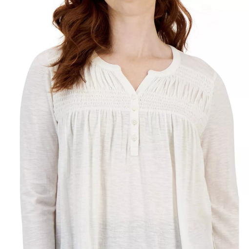 Style & Co White Smocked Long Sleeve Top - Women's Blouse - PM - Image 3