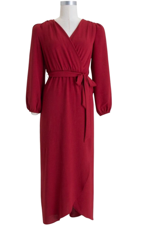 Connected Apparel Red Faux Wrap Midi Dress Size 4 - Women's Dresses