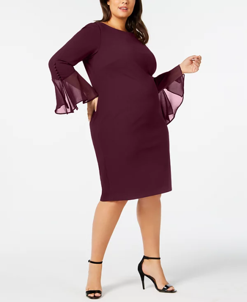 Calvin Klein Plus Size Burgundy Bell Sleeve Dress - 20W - Cocktail