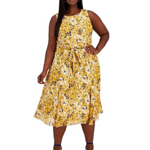 Kasper Plus Yellow Floral Midi Dress - Plus Size 2X - Women's Dresses