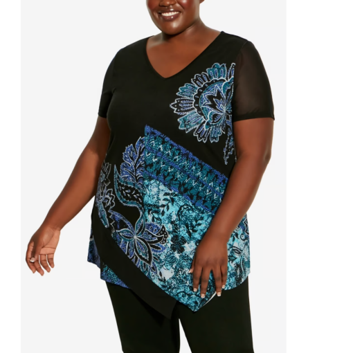 Avenue Plus Size Black & Blue Print Top - Size 14 - Blouse