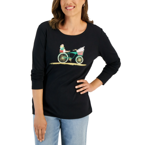 Karen Scott Black Holiday Long Sleeve Shirt - Size Large - Women's Tops