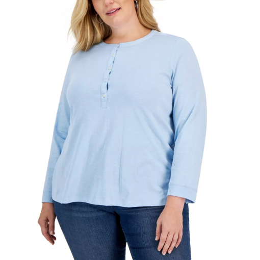 Style & Co Plus Size Blue Henley Shirt - Women's Tops - 2X