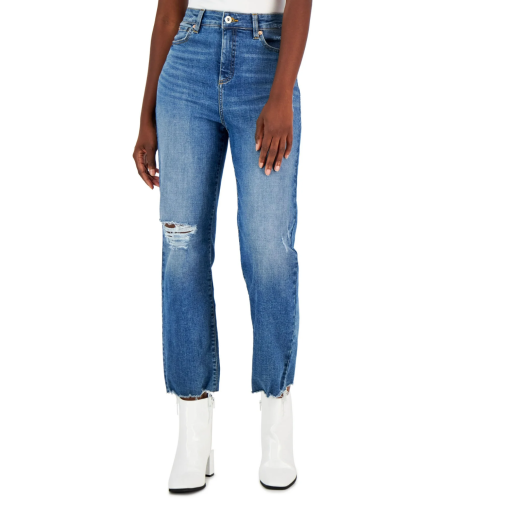 INC Women's Distressed Straight Jeans - Medium Indigo - Denim Pants