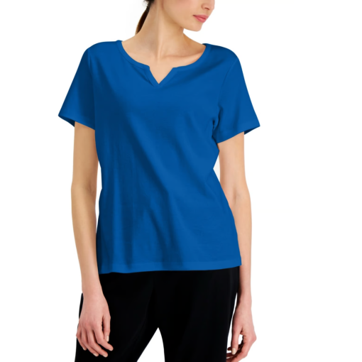 Karen Scott Petite Blue Split Neck Tee - Women's Top