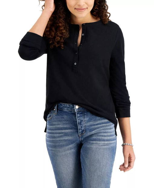 Style & Co Black Henley Top - Women's PM - Long Sleeve Shirt