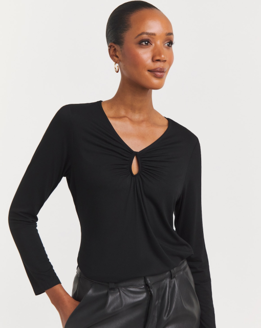 BCBGeneration Black Keyhole Long Sleeve Top - Size L - Women's Blouse