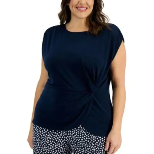 Alfani Plus Navy Twisted Top - Plus Size 0X - Women's Blouse