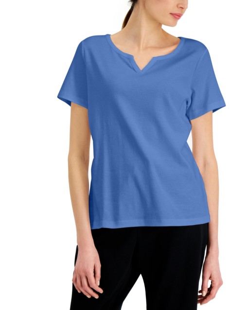 Karen Scott Petite Blue Split Neck T-Shirt - Women's Top - Medium